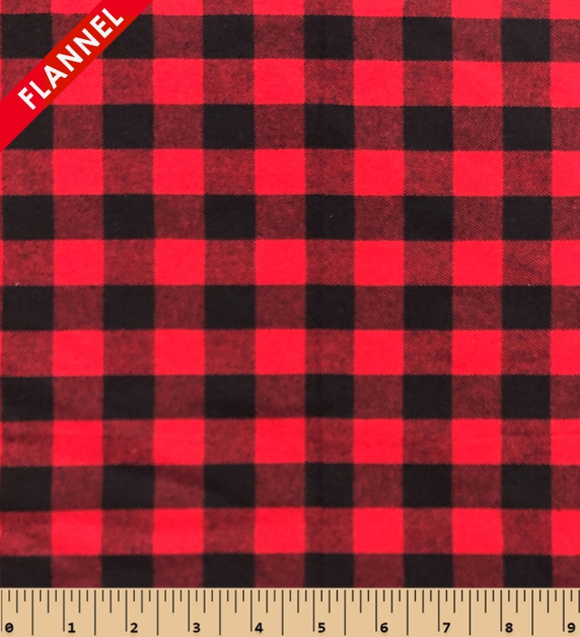 Red, Gray and Black Plaid Cotton Flannel Fabric