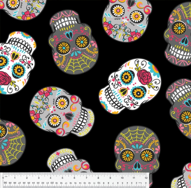 Sugar Skulls Folkloric Black Fleece Fabric