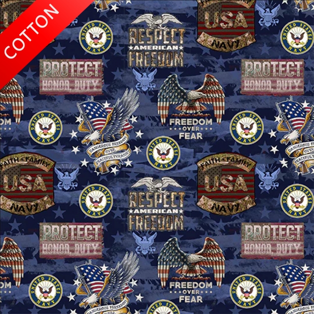 United States Military Freedom Over Fear Navy Cotton Fabric